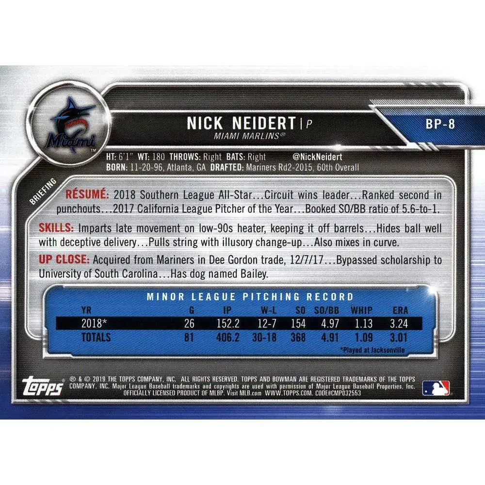 2019 Bowman Prospects Nick Neidert #BP-8 Miami Marlins